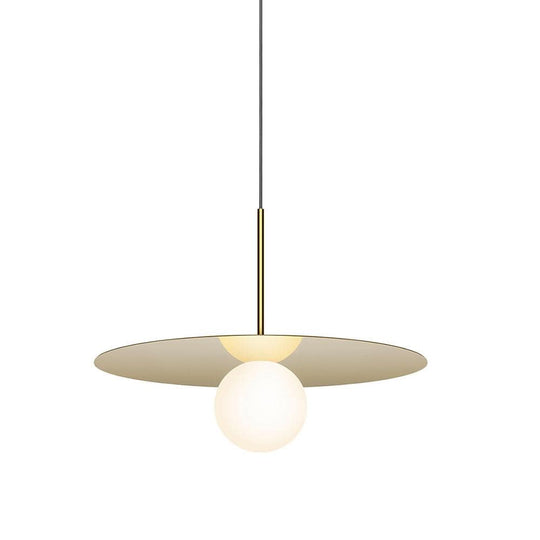 Pablo Designs Bola Disc, lampe suspendue LED avec un globe en verre et un abat-jour en forme de disque, en aluminium, laiton, 18ʼʼ