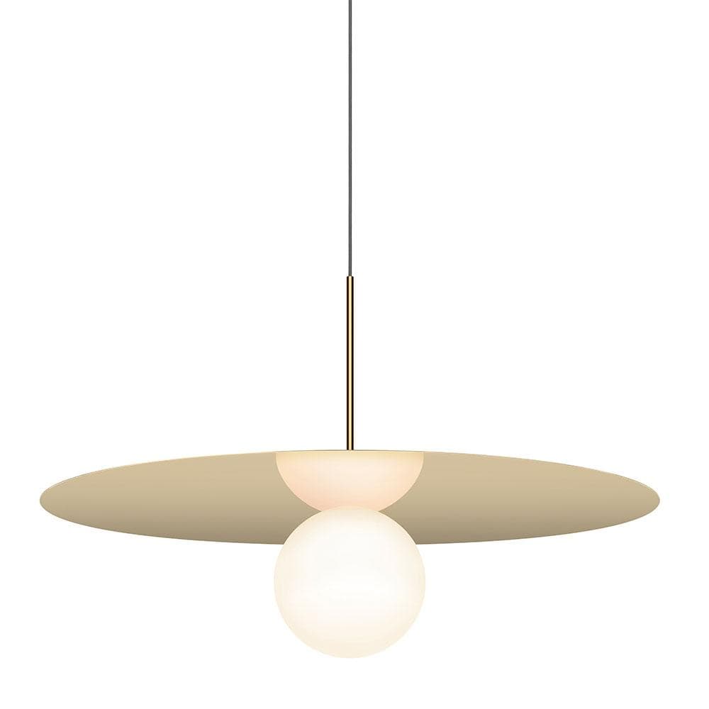 Pablo Designs Bola Disc, lampe suspendue LED avec un globe en verre et un abat-jour en forme de disque, en aluminium, laiton, 32ʼʼ