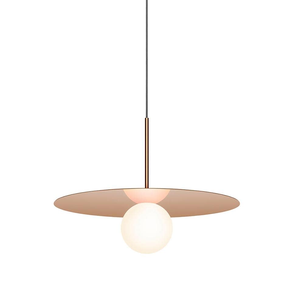 Pablo Designs Bola Disc, lampe suspendue LED avec un globe en verre et un abat-jour en forme de disque, en aluminium, or rose, 18ʼʼ