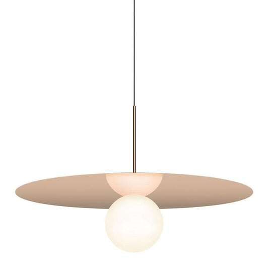 Pablo Designs Bola Disc, lampe suspendue LED avec un globe en verre et un abat-jour en forme de disque, en aluminium, or rose, 32ʼʼ