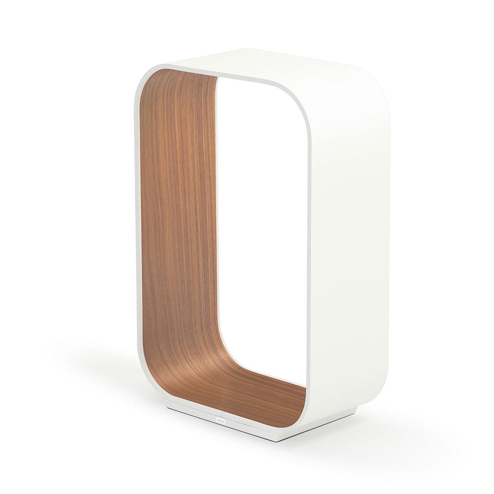 Pablo Designs Contour, lampe de table LED avec un espace intérieur, en aluminium et bois ou tissu, blanc, noyer, petit