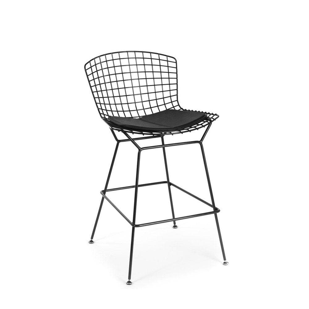 Reproduction Bertoia, tabouret de comptoir avec coussin, en métal peint, noir