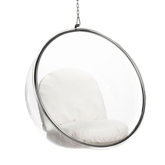 Reproduction Bubble, chaise suspendue, en acrylique et le coussin est en vinyle, crème