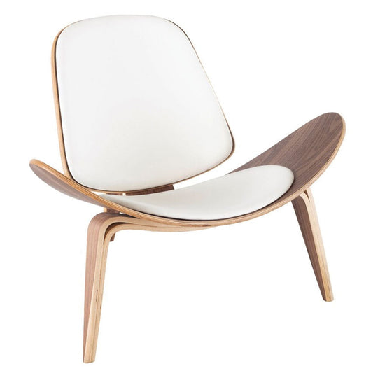 Nuevo CH07 Shell, chaise de salon, en cuir et placage de bois, blanc