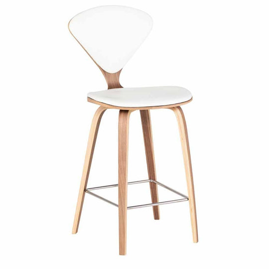 Nuevo Cherner, tabouret de comptoir rembourré, en cuir et placage de bois, blanc