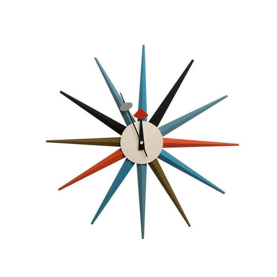 Reproduction Sunburst, horloge murale, en bois et métal, multicouleur