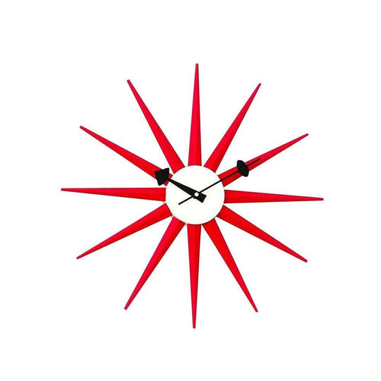 Reproduction Sunburst, horloge murale, en bois et métal, rouge