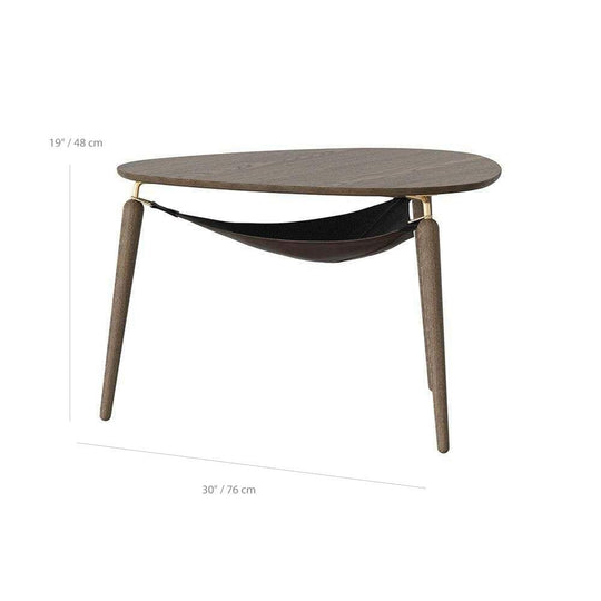 Umage Hang Out, table basse avec un sac, en bois, tissu et cuir, dimensions